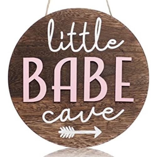 Little Man Babe Cave Door Sign Wooden Round Kids Baby Wall Plaques for Little Boys Girls Nursery Natural Wood Wall Art Toddler Bedroom Living Room Rustic Hanging Farmhouse Woodland Playroom Tent Décor (Girl Pink)