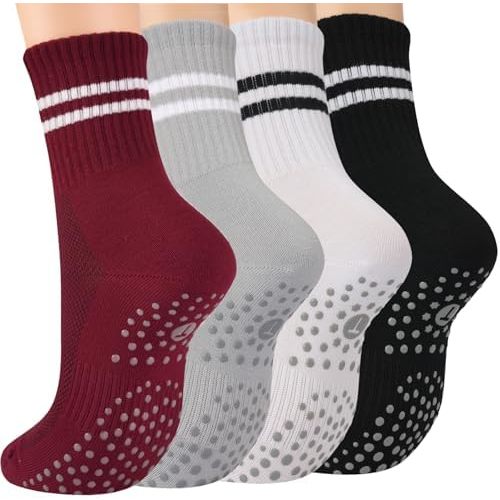 Toes Home Pilates Socks for Women with Non Slip Grippers, Yoga Crew Socks for Barre Hospital Sticky Slipper Socks 4 Pairs