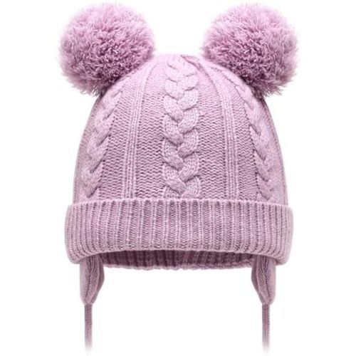 Duoyeree Toddler Winter Hat, Earflap Double Pom Pom Knit Beanie 0-36M