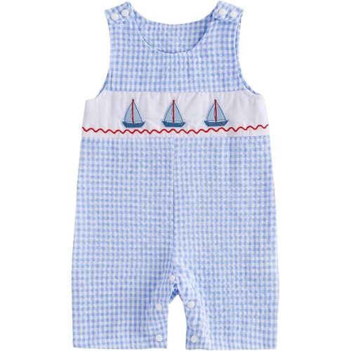 Karuedoo Newborn Baby Boy Summer Clothes Animal Embroidery Plaid Sleeveless Romper Jumpsuit Overall Bodysuit One-Piece Outfit