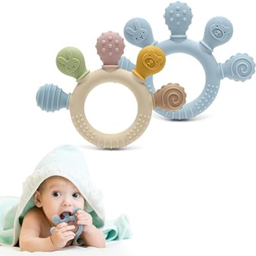 HippoBaby Silicone Teether for Babies 2-Pack – Soft & Easy Grip Teething Toys for Infants & Toddlers – 100% Food Grade Silicone, CPC Certified, BPA-Free Gum Soothers (Palm Teether/Colorful & Blue)
