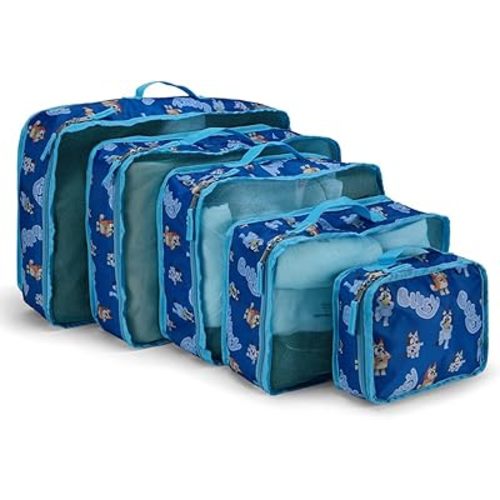 Bluey Packing Cubes for Kids - 5 Piece Luggage Organizer Set - Travel Accessories for Suitcase - Bluey Bingo Bandit Chilli Stripe Trixie - Packing Cube Set for Kids, Teens, Adults