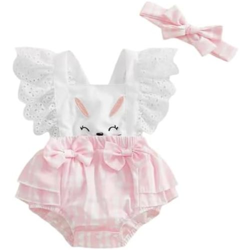 Infant Baby Girl Easter Outfit Bunny Carrot Embroidered Smocked Bubble Romper Lace Ruffle Sleeveless Bodysuit
