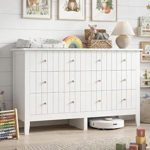 FOTOSOK White Dresser, Chest of Drawers, Modern 6 Drawer Double Dressers with Deep Drawers, Nursery Dresser for Baby, Wide Storage Organizer Cabinet for Living Room, Hallway,White