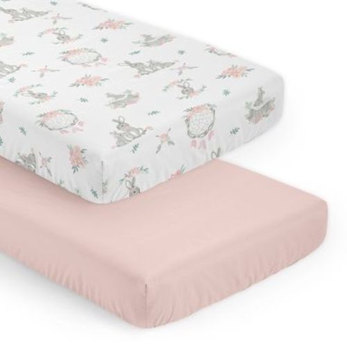 Sweet Jojo Designs Girl Fitted Crib Sheets Set Bunny Floral Pink Green and Grey 2pc
