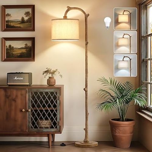 Floor Lamp for Bedroom - 69" Rustic Farmhouse Tall Lamp with 3 Color Temperatures- Country Resin Vintage Reading Light Standing Lamps for Living Room Office Classroom Home Decor, Bulbs, Brown