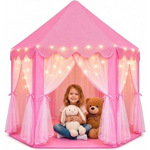 Orian Princess Tent for Kids, Toddler & Kids Pink Play Tent Indoor & Outdoor Princess Castle Fort for Girls and Toddlers Ages 2-7, 55”x53”, LED Star Lights, Children’s Toys and Gifts for Girls