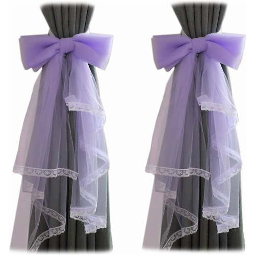 ABCISI 2 Pcs Lace Bow Curtain Tiebacks, Fairy Fabric Curtain Tie Straps, Elegant Lace Drapery Holdbacks Tie Rope for Home Office Hotel, Light Purple