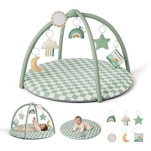 Blissful Diary Baby Play Gym Mat, Play Mat Activity Mat with 6 Detachable Toys for Stage-Based Sensory & Motor Skill Development, Easy to Install & Clean, Baby Essentials Gift, Sage Checkerboard