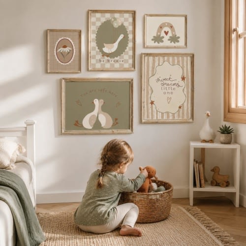 Sage Green Boho Goose Nursery Art Set, Affirmation Prints, Cottagecore Baby Decor