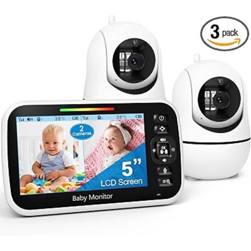 GoodBaby 5" Split Screen Baby Monitor with 2 Cameras and Audio | No WiFi Secure Camera, 30-Hour Battery, Remote PTZ, Auto Night Vision, Room Temperature, Two-Way Audio，Lullabies，960 ft Range
