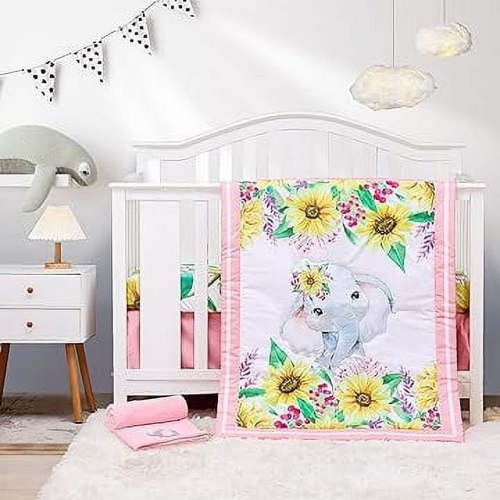 Sweet Baba Elephant Crib Bedding Set 4 Piece, Baby Nursery Bedding Sets Including Crib Quilt, Crib Skirt, Crib Sheet, Blanket, Pink Crib Sets for Girls