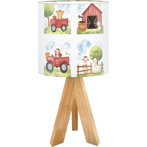 Cute Kids Bedside Desk Table Lamp Watercolor Cute Farm Animals Animal Lover Teddy Bear Red Tractor Sheep Children Nightstand Lamp, Tripod Small Night Lights Linen for Nursery Room Bedroom Dorm Decor