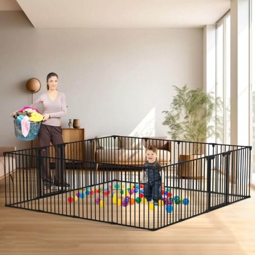 ELECWISH 8 Panels Foldable Baby Gate Heavy Duty Playpen, Extra-Wide, Auto-Close Door, Double Locking System, 27.5"-199"