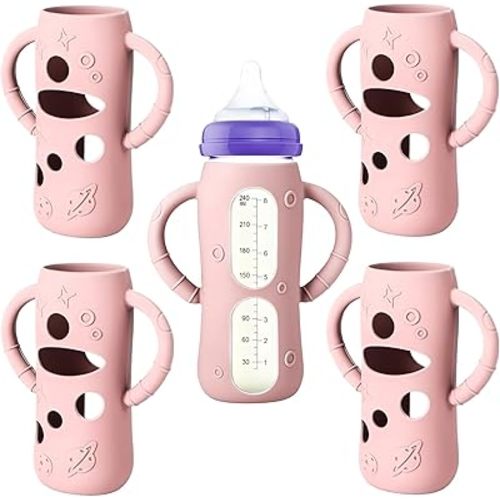 4 Pcs Silicone Sleeves for Lansinoh Anti-Colic Glass Baby Bottles, Drop Protection Silicone Covers Compatible with 8 Ounces Lansinoh Glass Bottles, BPA-Free (Pink, 8 OZ)