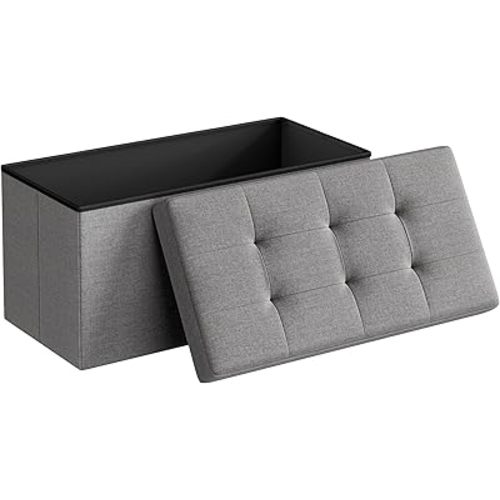 SONGMICS MAZIE Collection - 30 Inches Folding Storage Ottoman Bench, Ottoman Foot Rest, End of Bed Bench, Storage Chest, Load 660 lb, for Living Room, Bedroom, Entryway, Light Gray ULSF47G