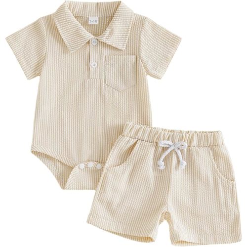 Newborn Infant Baby Boy Summer Outfits Seersucker/Gingham Short Sleeve Button Collared Romper Top and Shorts Set