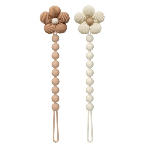 2Pcs Flower Pacifier Clip, 100% Food-Grade Silicone Pacifier Clip with Soft Fabric Daisy, Secure One-Piece Design, Easy to Clean, Baby Shower Gift for Girls Boys