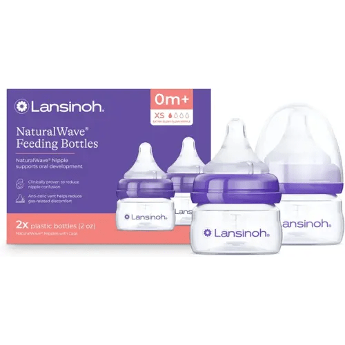 Lansinoh Anti-Colic Baby Bottles for Breastfeeding Babies, 2 Ounces, 2 Count, with 2 Extra Slow Newborn Flow Nipples, Size XS