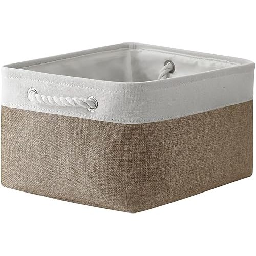 TheWarmHome Storage Basket for Organizing - 14x10x7 inch Medium 3 Pack Collapsible Storage Bin for Shelves with Handles, Canves Storage Box for Organizer Cubes Cloth Gift Toy Closet (White & Khaki)