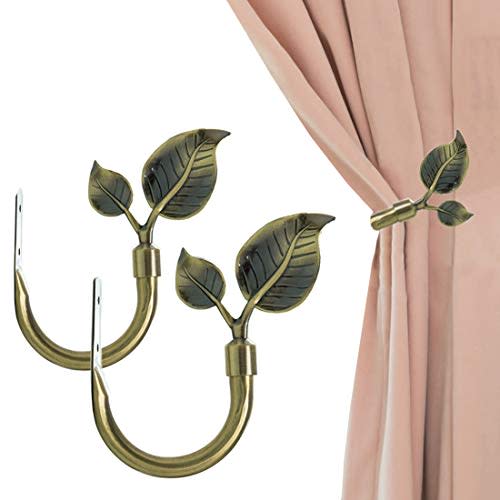 HIKMLK Leaf Shaped Curtain Holdbacks 2pcs, Handmade Metal Curtain Side Holders for Wall, Antique Brass Curtain Tieback Hook Pull Backs for Drapes Window Home Decoration (Antique Brass)