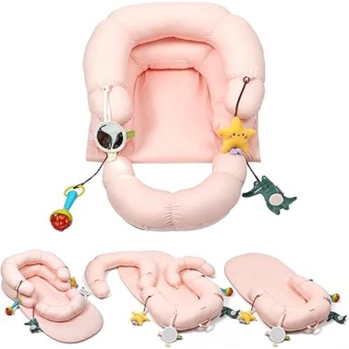 2-in-1 Tummy Time Mat & Seated Support Cushion for Newborns and Older Babies - Baby Tummy Time Support Cushion with Detachable Cushion and Toys（Petal）