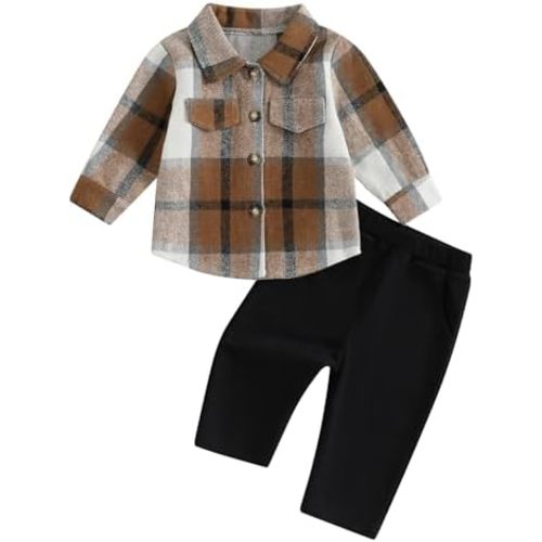 Toddler Boys Fall Outfits Plaid Flannel Baby Boy Jacket Button Down Shirts Pants 2Pcs Festival Clothes Set