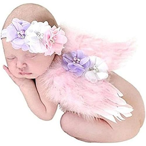Jackcell Newborn Photography Props Angel Wings Costume, Outfit Baby Girl Picture Props With Flower Headband (Pink)