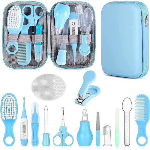 Baby Grooming Kit, Infant Safety Care Set with Hair Brush Comb Nail Clipper Nasal Aspirator,Baby Essentials Kit for Newborn Girls Boys (Blue)