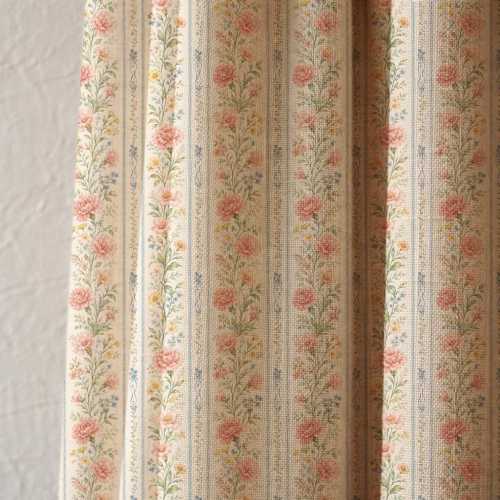 Pink Floral Striped Linen, Cream Botanical Print for Curtains, Cushions, Sewing and Cottagecore Home Decor
