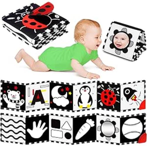 BBWOO High Contrast Baby Toys for Newborn, Tummy Time Mirror, Black and White Baby Toy for 0-6 Months, Soft Montessori Visual Stimulation Infant Book, Boy Girl Shower Gift