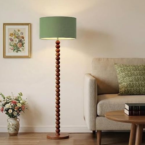 Buruis 60.6 Inch Beaded Walnut Wood Floor Lamp with Linen Shade, Green