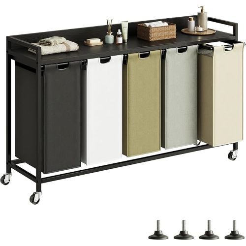 Herture Laundry Hamper with Shelf, Laundry Basket 5 Section, Laundry Sorter with Pull-Out Removable Large 5 Color Bags and Movable Wheels, Metal Frame, 5 x 15.87 Gallons (60L), Black PF08XLK