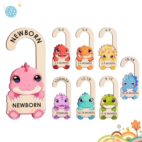 Baby Clothes Dividers for Closet - Wooden Baby Size Closet Dividers Newborn to 24 Months, Unique Dinosaur Design Babies Clothes Organizer for Nursery Decor Gender-Neutral Newborn Hangers (Set of 8)