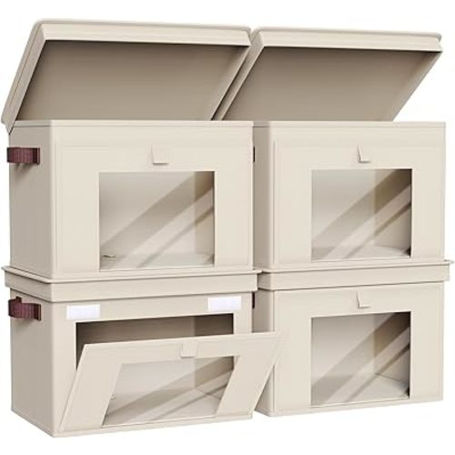 Univivi Storage Bins with Lids, Large Closet Organizers and Storage with Handles & Window, Foldable Fabric Storage Cubes with Lids for Home, Closet, Bedroom, 4 Pack, (Beige, 16.5“ x 12” x 12")
