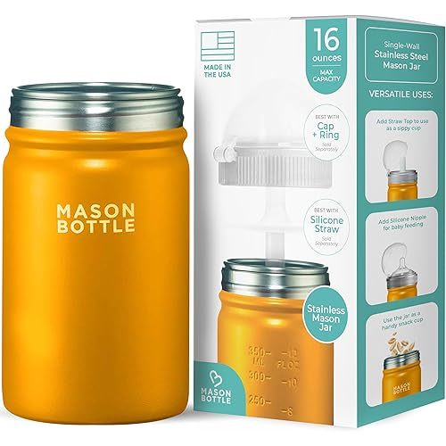 Mason Bottle 16oz Stainless Steel Mason Jar – BPA-Free Smoothie & Snack Cup for Kids (Lid Not Included) – Single-Wall, Compatible with Regular-Mouth Mason Jar Attachments (Yellow)