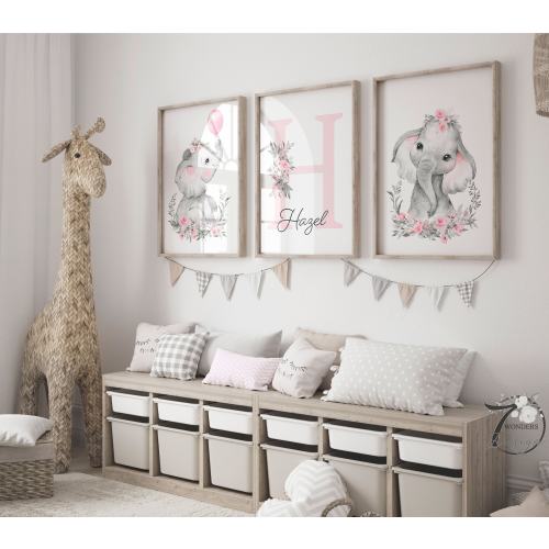 Girls Pink Grey Elephants Watercolor Nursery Name Initial Monogram Prints Baby Bedroom Art Decor Set of (3) UNFRAMED Prints or Canvas