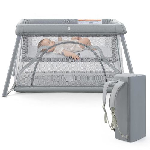 Travel Crib,Portable Crib for Baby, Pack and Play for Babies and Toddler, Lightweight Backpack Design,Foldable Travel Baby Playpen with Mattress(Light Grey)