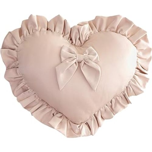 MOJUN Heart Pillow, Cute Soft Heart Shaped Throw Pillow Ruffle Love Bow Pillow Decorative Pillows Cushion for Couch Sofa Living Room Bed Chair Wedding Gifts Pillows, Champagne