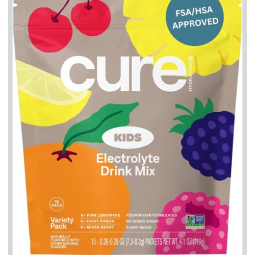Cure Hydration - Kids Electrolyte Drink Mix | Plant-Based Pediatrician Formulated Rehydration | No Added Sugar, FSA-HSA, Non-GMO, Gluten-Free, No Artificial Flavors | 15 Packets - Variety Pack