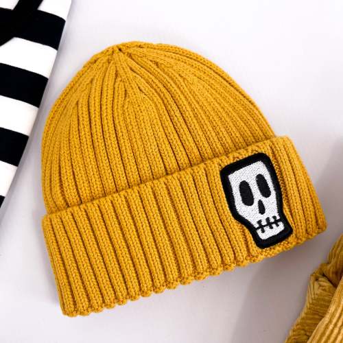 Kids Knitted Cotton Beanie with Skull Logo - Not So Basic Basics – Skeletots