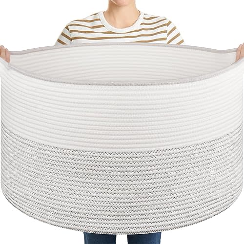 Large Blanket Basket with Handles, 22.8" x 22.8" x 13" Woven Storage Basket for Living Room, Cotton Rope Baby Toy Storage for Clothes, Pillows, Towels-Black and White