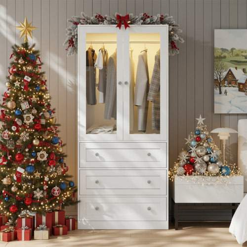 Ebern Designs Wardrobe Closet With Drawers And Light, 75" Armoire With Hanging Rod, 2 Doors Wooden Wardrobe Cabinet For Bedroom & Reviews | Wayfair