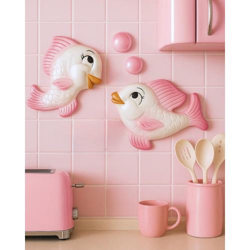 Pink Chalkware Fish Wall Plaques: Retro Kitsch Bathroom Decor