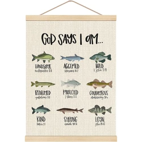HKTZM Christian Bible Scripture God Says I am Fishing Wooden Poster Hangers 12.5x17 Inch,Home Kids Room Nursery Playroom Decor,Fishing Gifts for Kids Girls Boys,Christian Gifts for Women Teen Girls
