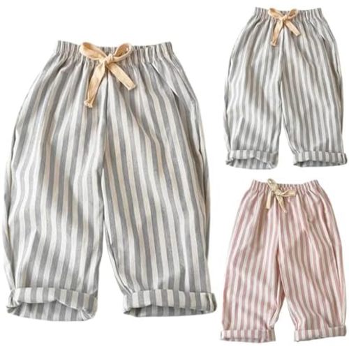 Kids Boys Girls Striped Linen Haram Pants Elastic Waist Baby Toddler Lounge Long Pants Spring Summer Casual Gauze Pants