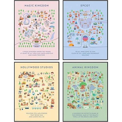 ALYAM STORE Disneyland Map Posters, Unframed 12x16 inches, Set of 4, Wall Art for Boys Room, Epcot, Magic Kingdom, Hollywood Studios, Animal Kingdom