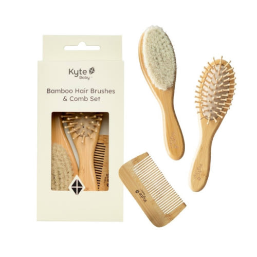 Kyte Baby Bamboo 3-Piece Brush Set - 1 goat hair brush, 1 wooden bristle brush and 1 bamboo comb