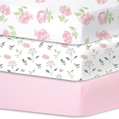 Little Grape Land Baby Crib Sheets Set for Boys & Girls, 3-Pack Soft & Breathable Microfiber, 52"x28" Fitted Sheets for Standard Toddler Crib Mattress, Cute Patterns(Rose)