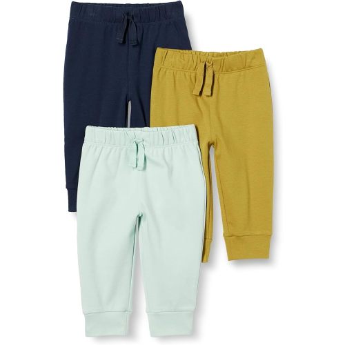Amazon Essentials Unisex Babies' Cotton Pull-On Pants, Pack of 3, Olive/Pale Mint Green/Navy, 0-3 Months
